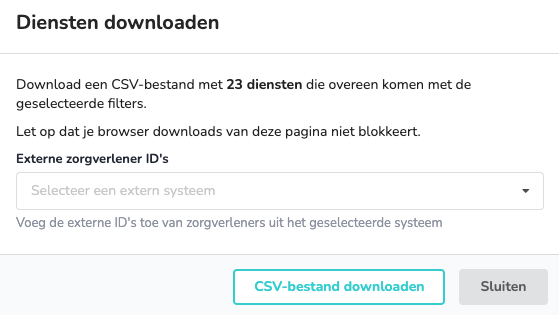 Schermafbeelding van de pop-up om de diensten als CSV-bestand te downloaden