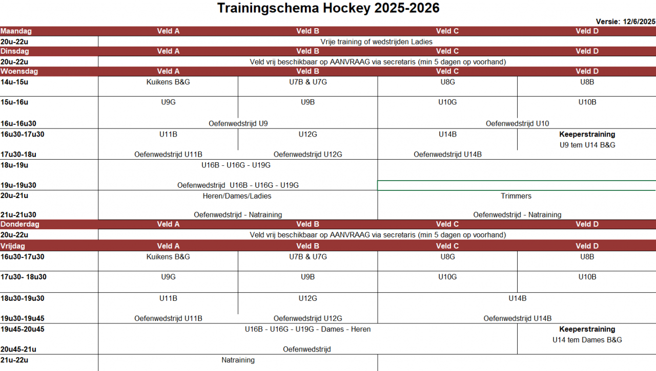 trainingsschema 2025-2026