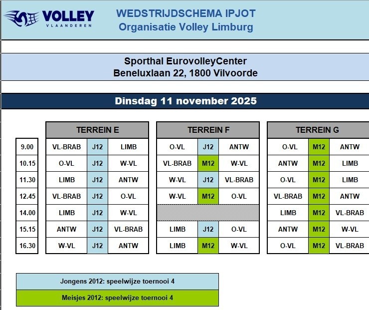 Speelschema IPJOT 11 november Vilvoorde