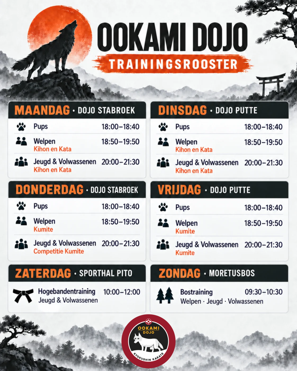 Trainingsrooster Ookami Dojo in Putte en Stabroek