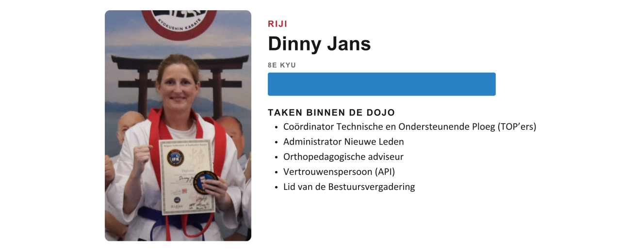Persoonsfiche van Dinny, coördinator van de TOP’ers van Ookami Dojo