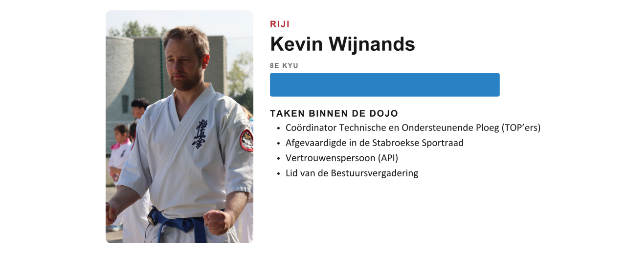 Persoonsfiche van Kevin, coördinator van de TOP’ers van Ookami Dojo