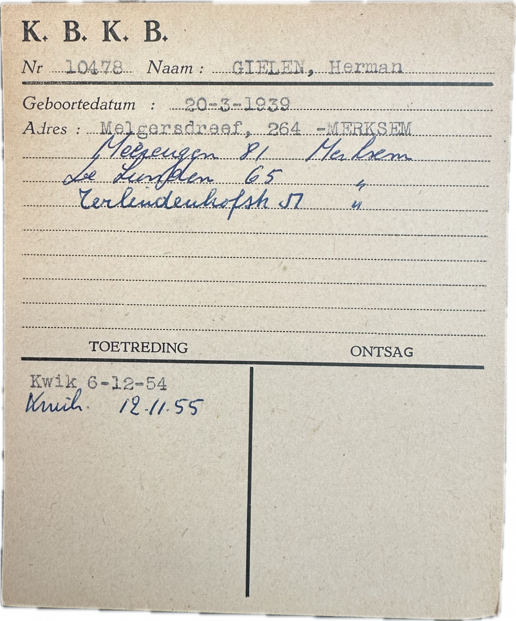 Gielen Herman, Lidkaart 1954