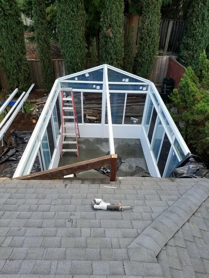 GDM Construction, Four Seasons Sunrooms, Cathedral Sunroom, Progress photo, Dormer installation, walls in place
