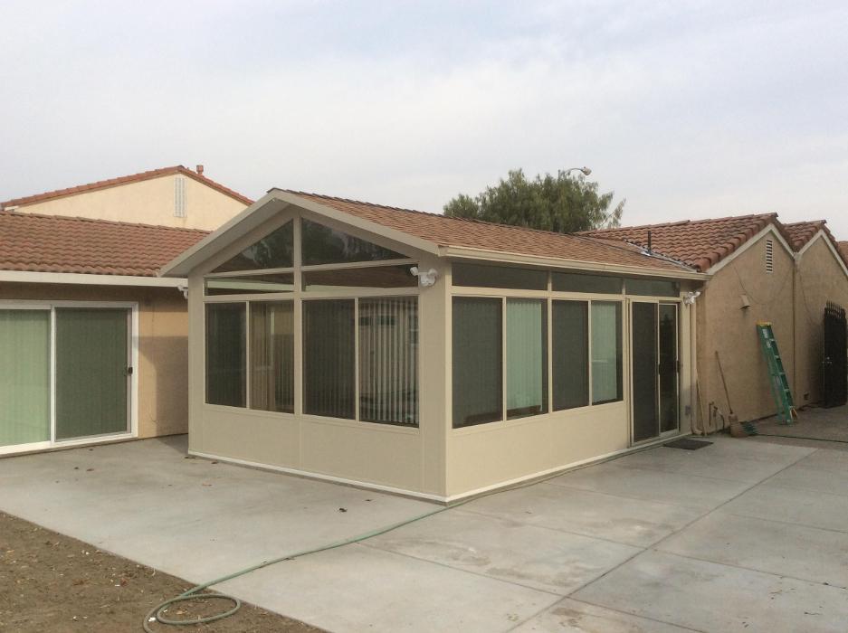 Four Seasons Sunrooms, GDM Construction, shingled roof, Sandtone, solid lower transoms, glass upper transoms, new concrete patio