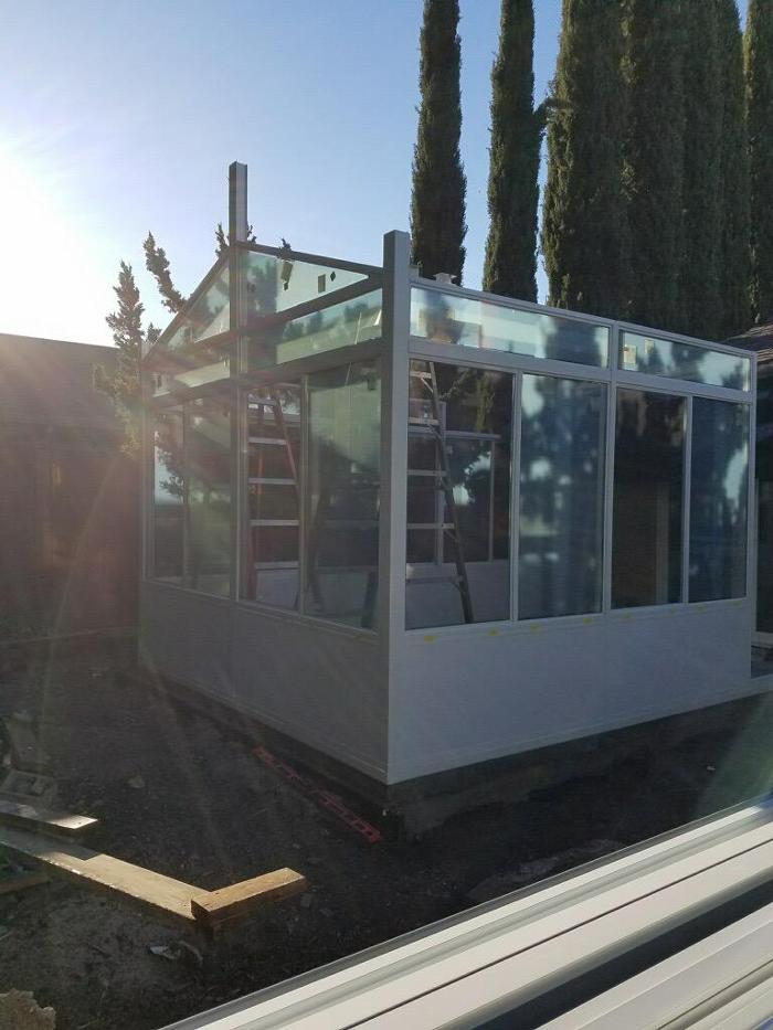 GDM Construction, Four Seasons Sunrooms, Progress photo, walls in place, ConservaGlass upper transoms, solid lower transoms, front wall ConservaGlass trap glass