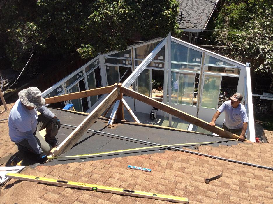 GDM Construction, Four Seasons Sunrooms, exterior view, Progress photos, California gable Construction, White material color, ConservaGlass operable windows, ConservaGlass upper transoms, ConservaGlass trap windows