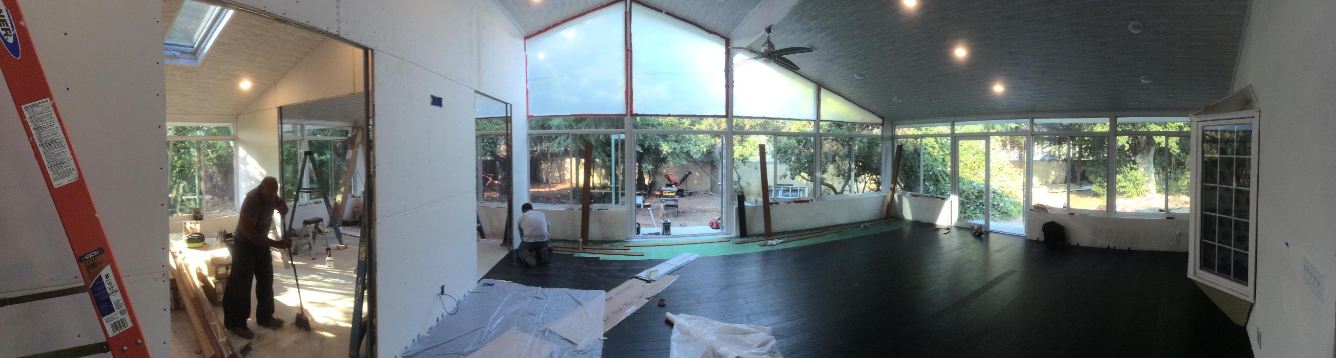 Four Seasons Sunrooms, GDM Construction, Progress photos, interior walls, pocket doors, recessed lighting, Cali Bamboo flooring, wood ceiling, skylights, conventional base wall