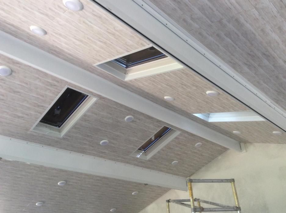 Four Seasons Sunrooms, GDM Construction, Progress photos, composite wood ceiling, ConservaGlass skylights.