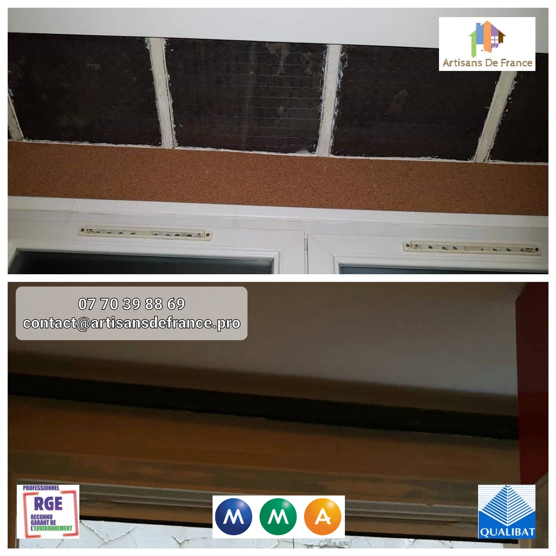 Isolation thermique laine de verre 100 mm, structure et bande calicot. Inclus : plaques hydrofuges pour pièces humides.