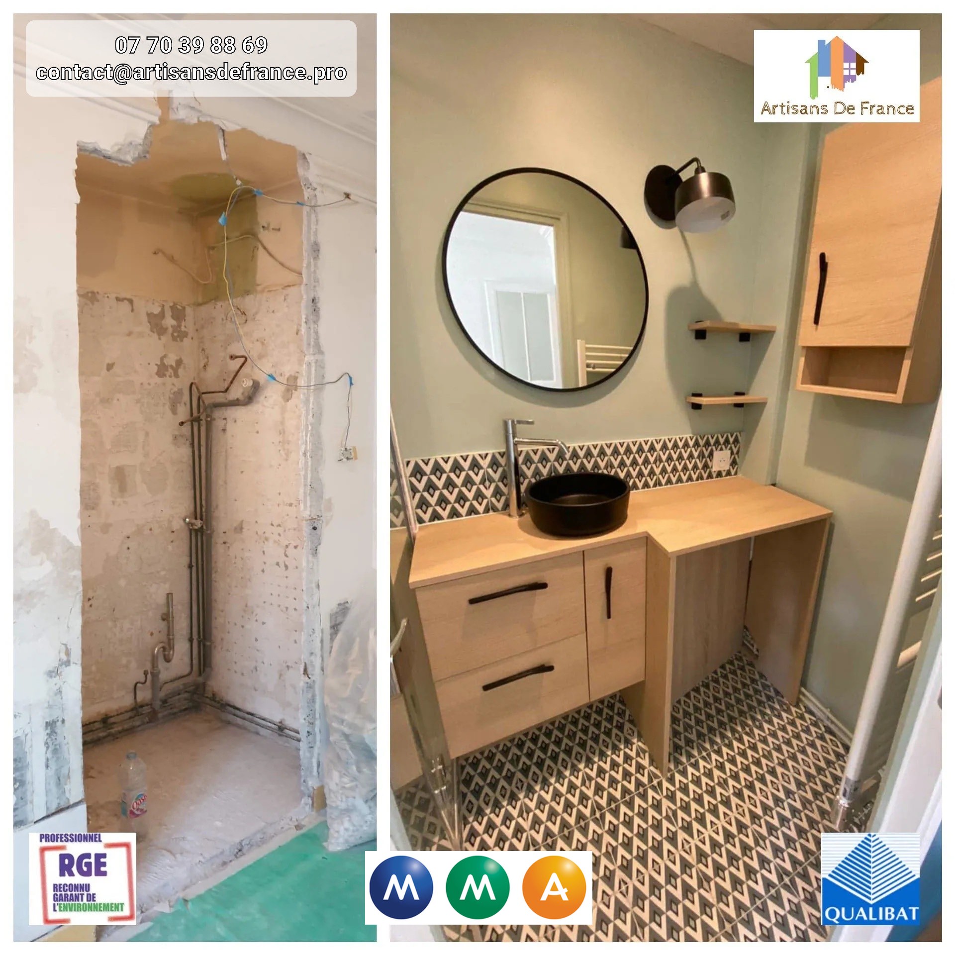 Rénovation de salle de bain/WC avec un réaménagement afin d'optimiser l'espace. Déplacement du WC, remplacement de la baignoire par une douche, ragréage du sol ainsi que les murs.