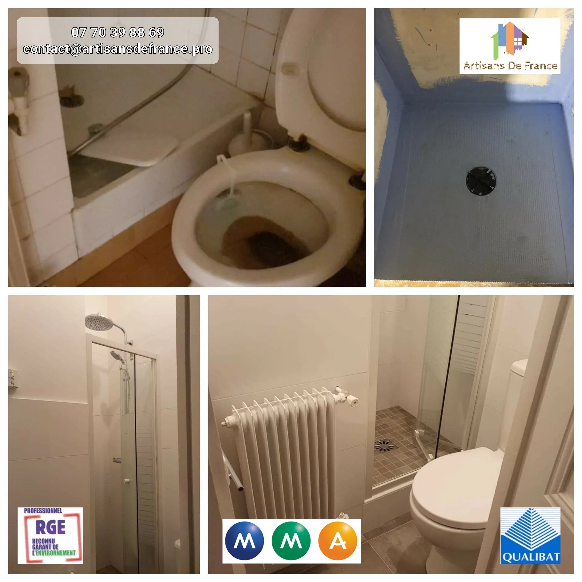 Rénovation de salle de bain/WC avec un réaménagement afin d'optimiser l'espace. Déplacement du WC, remplacement de la baignoire par une douche, ragréage du sol ainsi que les murs.