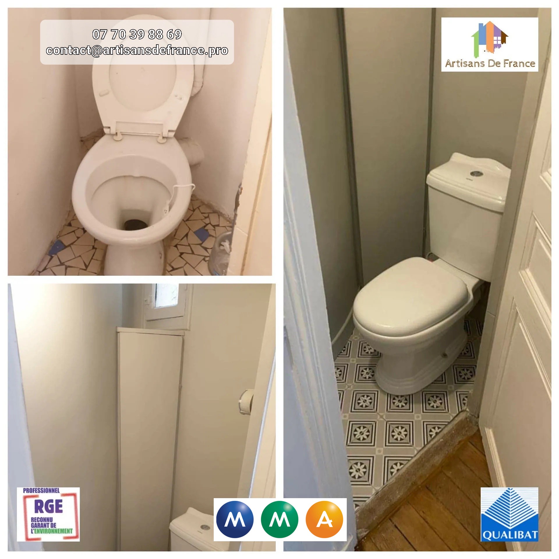 Rénovation de salle de bain/WC avec un réaménagement afin d'optimiser l'espace. Déplacement du WC, remplacement de la baignoire par une douche, ragréage du sol ainsi que les murs.