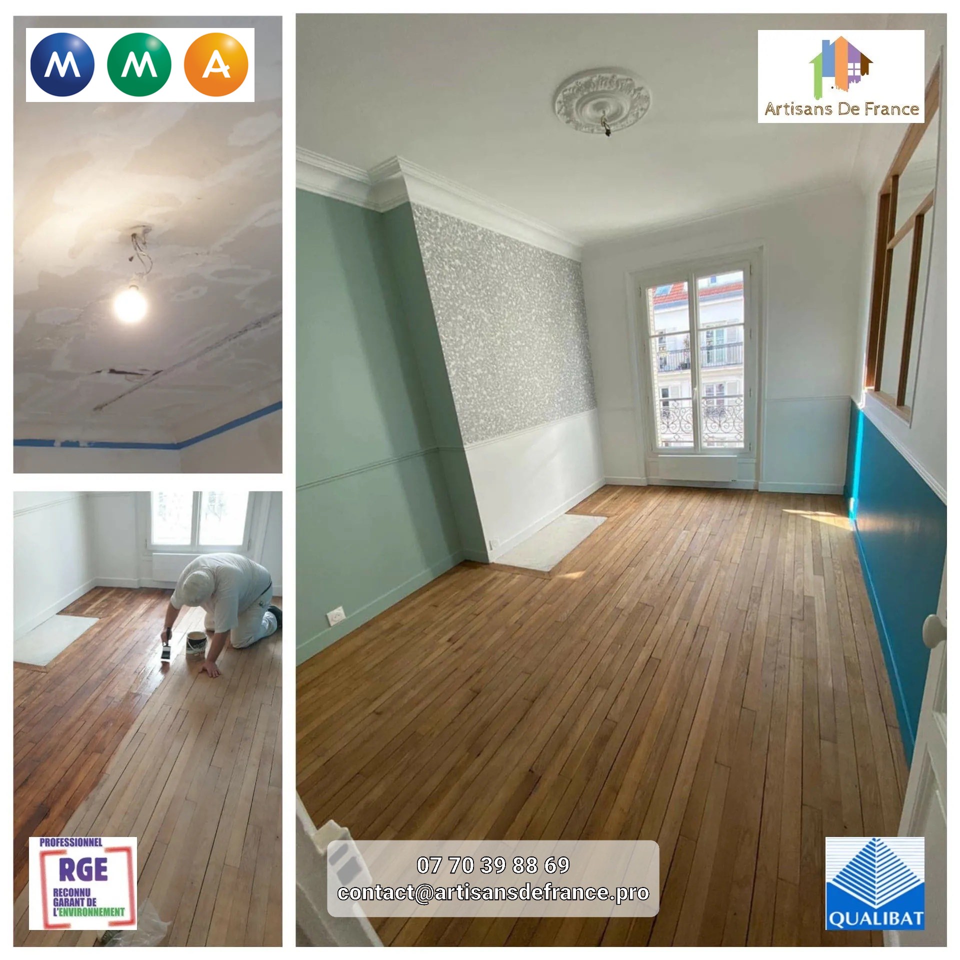 Enduit général : Réparation des fissures des murs intérieurs. Avant de passer à une nouvelle finition, puis deux couches de peinture et papier peint, pose d'une verrière.