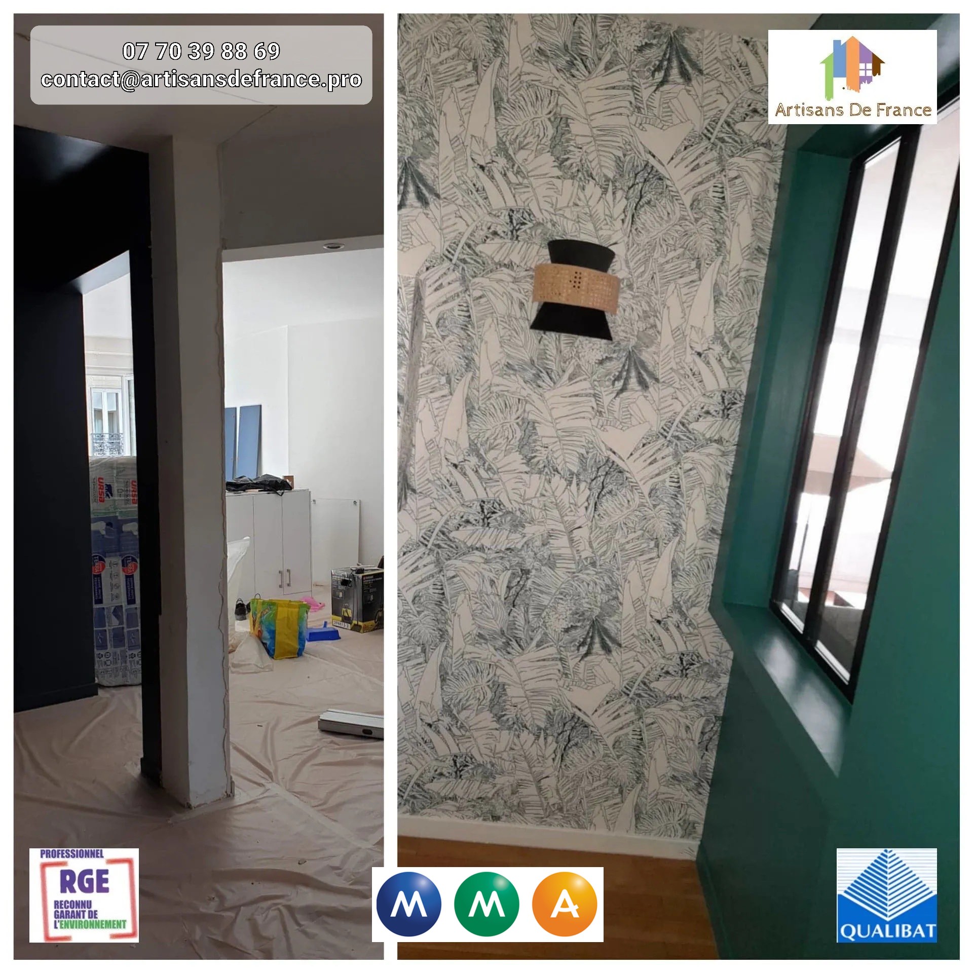 Rénovation appartement : Papier peint, création d'une cloison avec verrière. Ponçage et vitrification du parquet.