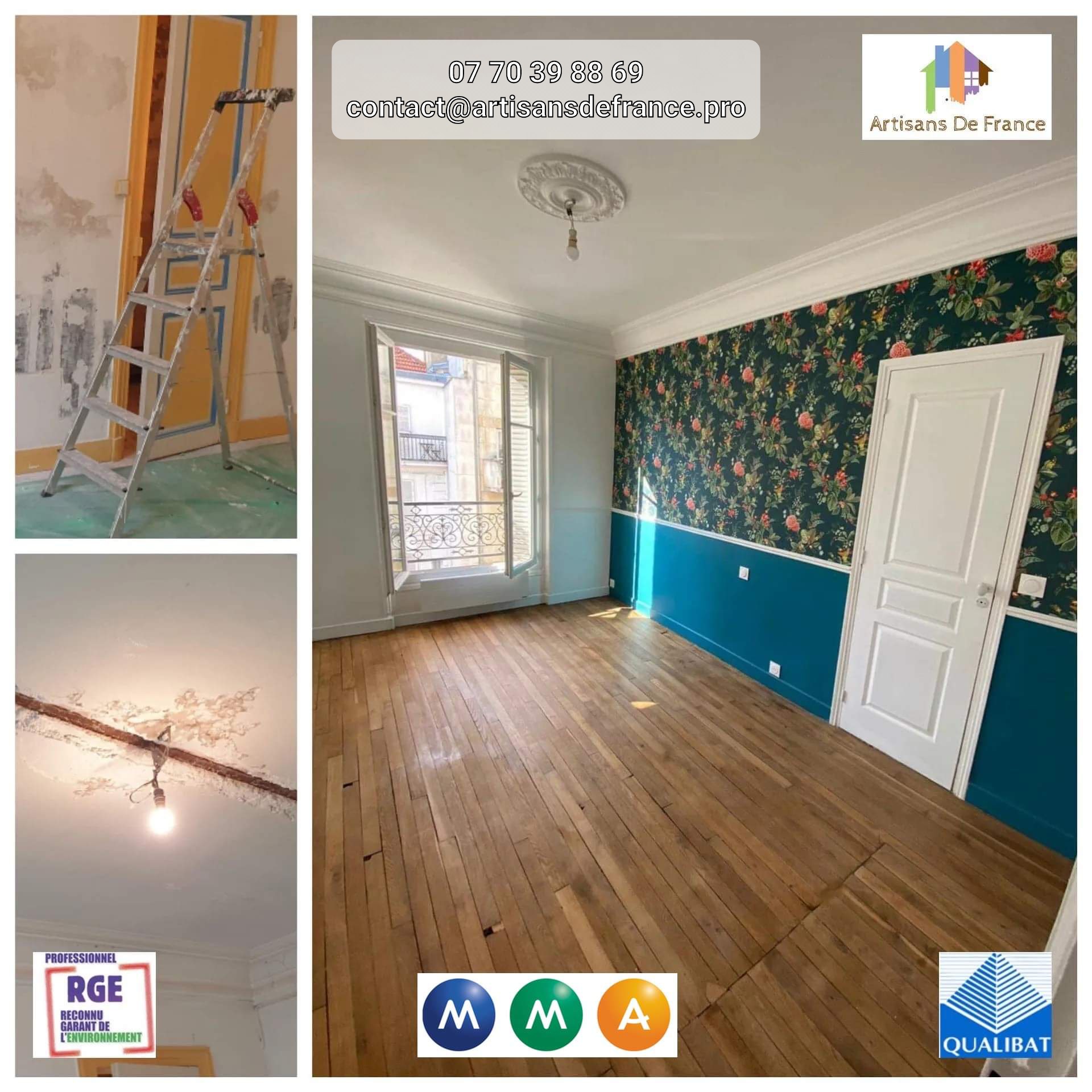 Rénovation générale : Réparation des fissures des murs intérieurs. Avant de passer à une nouvelle finition, puis deux couches de peinture et papier peint, pose d'une verrière.