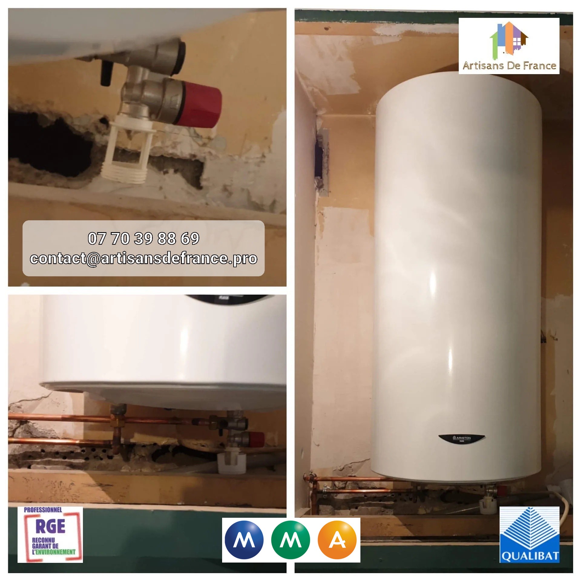 Mise à jour du réseau de plomberie au niveau du ballon d'eau chaude : Ajout d'un groupe de sécurité / Changement du siphon / remplacement des exibles / Changement des évacuations