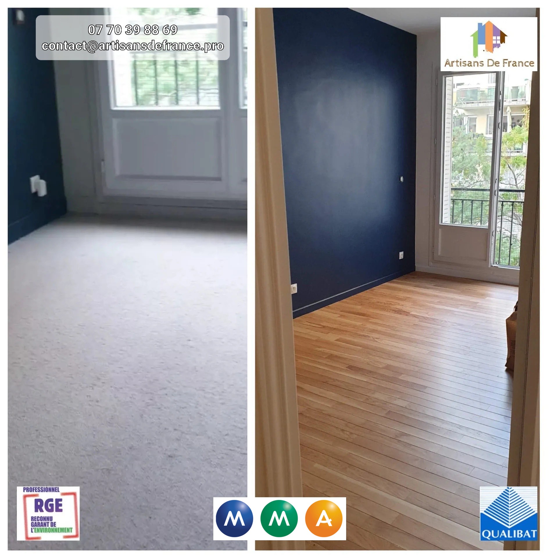 Fourniture et pose d'un isolant acoustique Fourniture et pose de parquet massif (pose droite) Posecollée.Inclus: barre de seuil (15€/mlmax),colle. Ragréage et ponçage vitrication (si parquet brut).