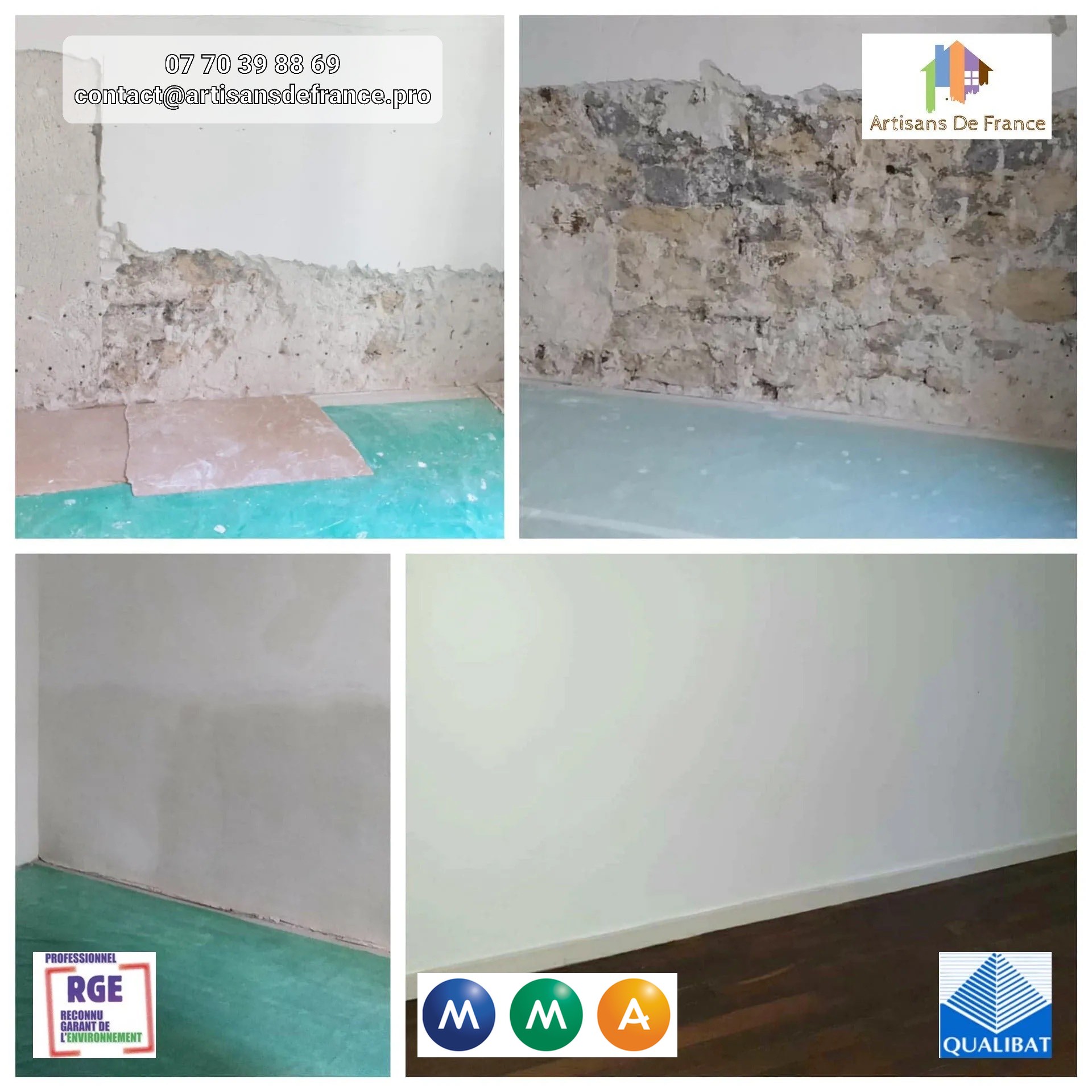 Enduit général : Réparation des fissures des murs intérieurs. Avant de passer à une nouvelle finition, puis deux couches de peinture.