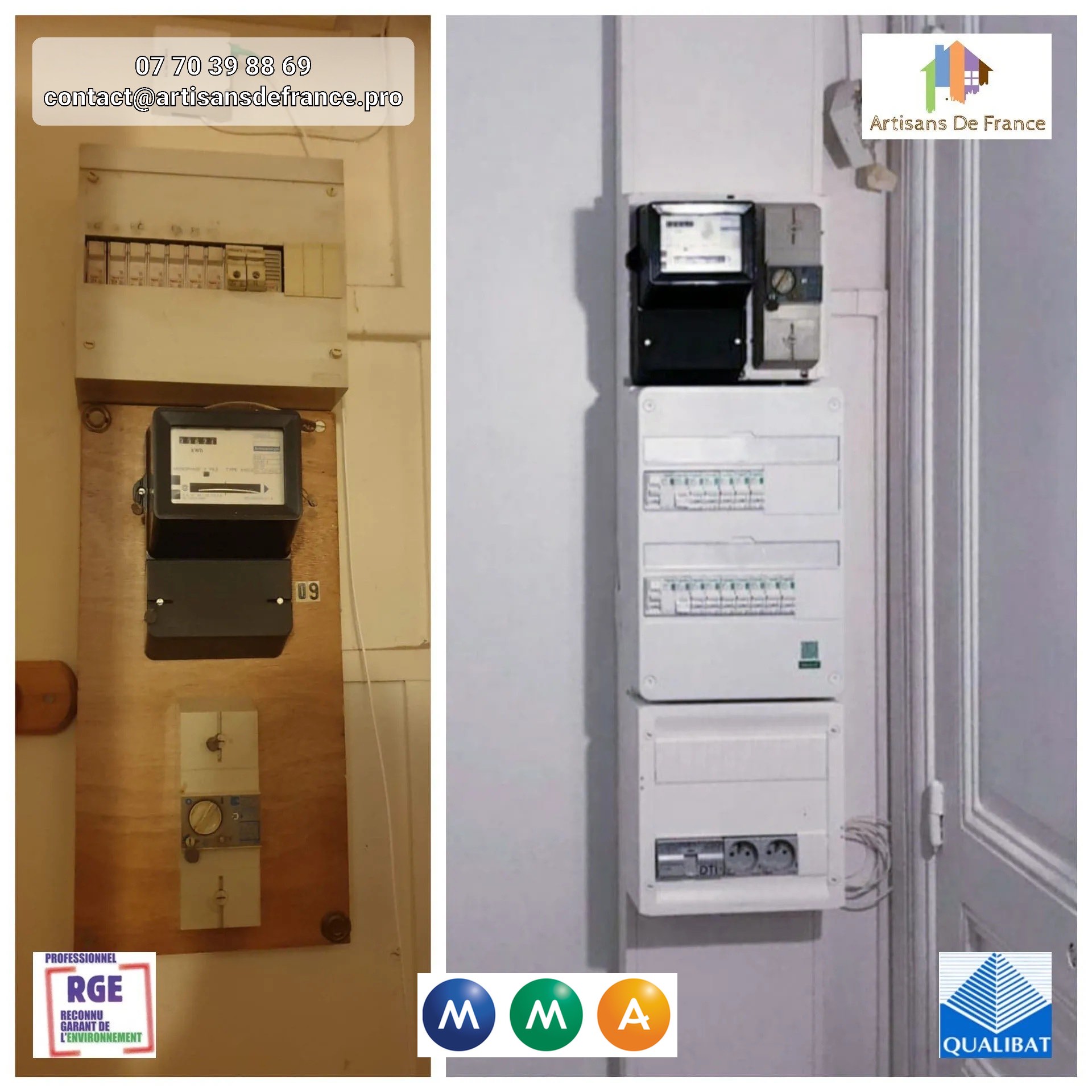 Inclus : pose de l'interrupteur différentiel, pose de l'ensemble des disjoncteurs et raccordement aux câbles. Fourniture et pose d'un tableau de répartition électrique (norme NF C 15 100).