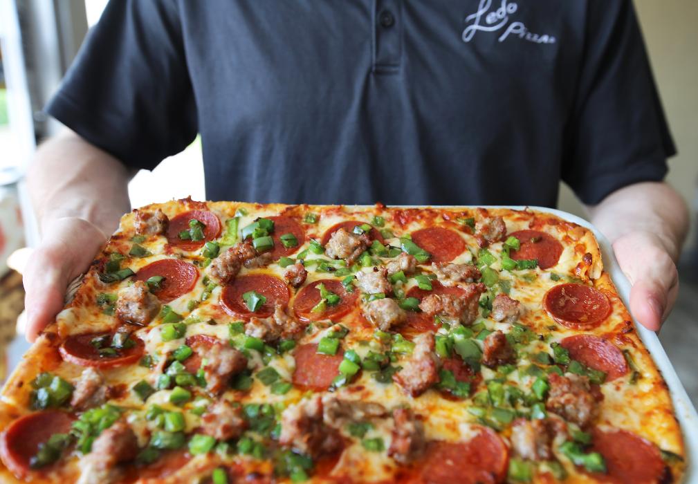 Ledo Pizza with Pepperoni, Sausage and Green Peppers.