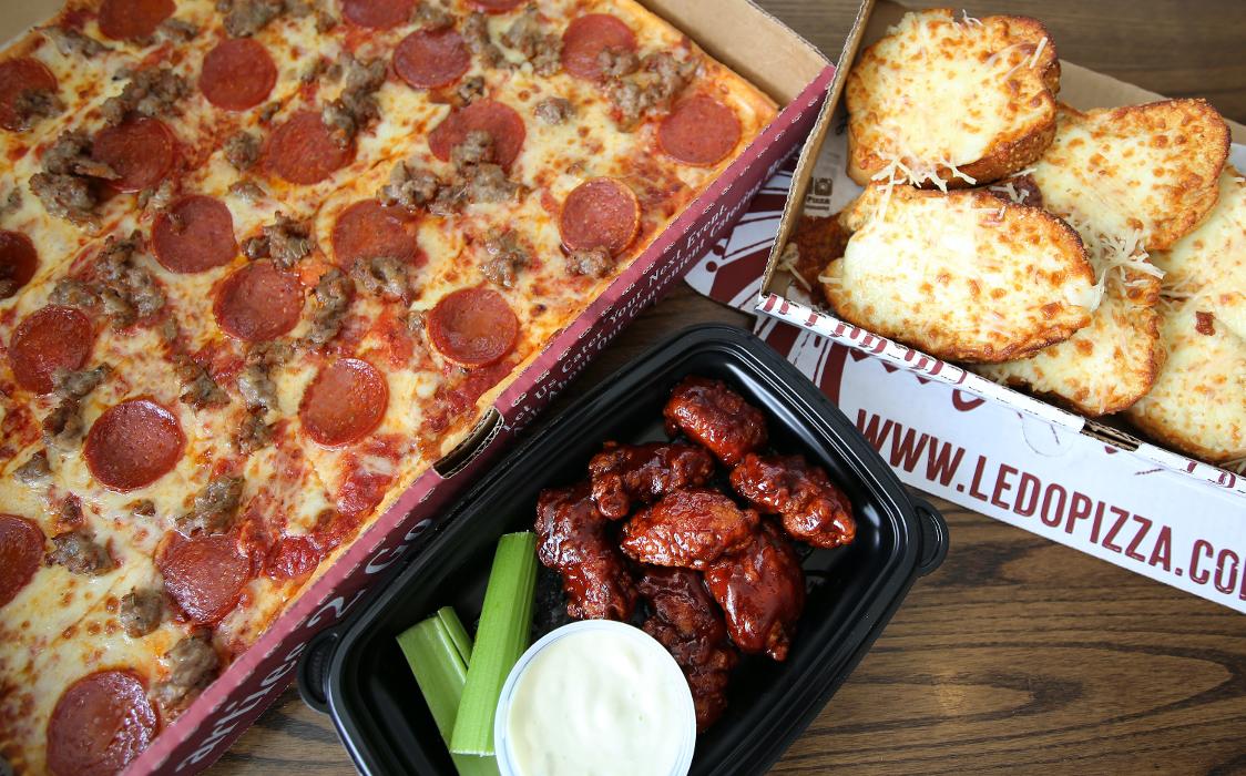 Pepperoni and Sausage Pizza, Boneless Wings and Cheesy Garlic Bread