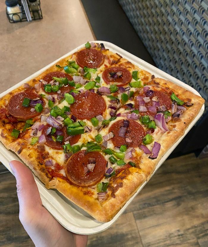Pepperoni, Green Peppers and Red Onions Pizza