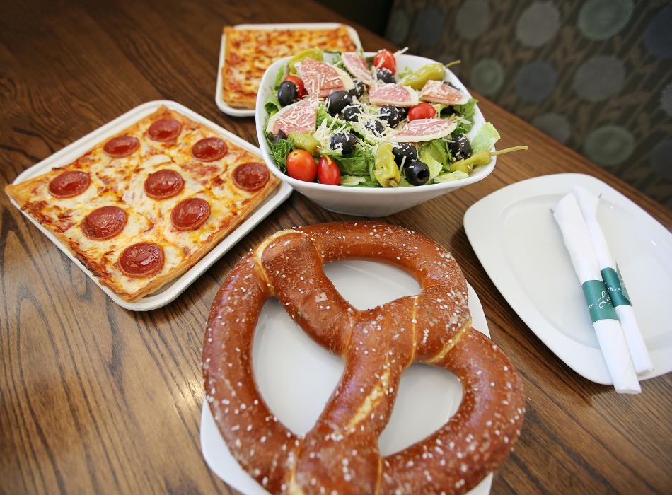 Pretzel, Pepperoni Pizza and italian salad