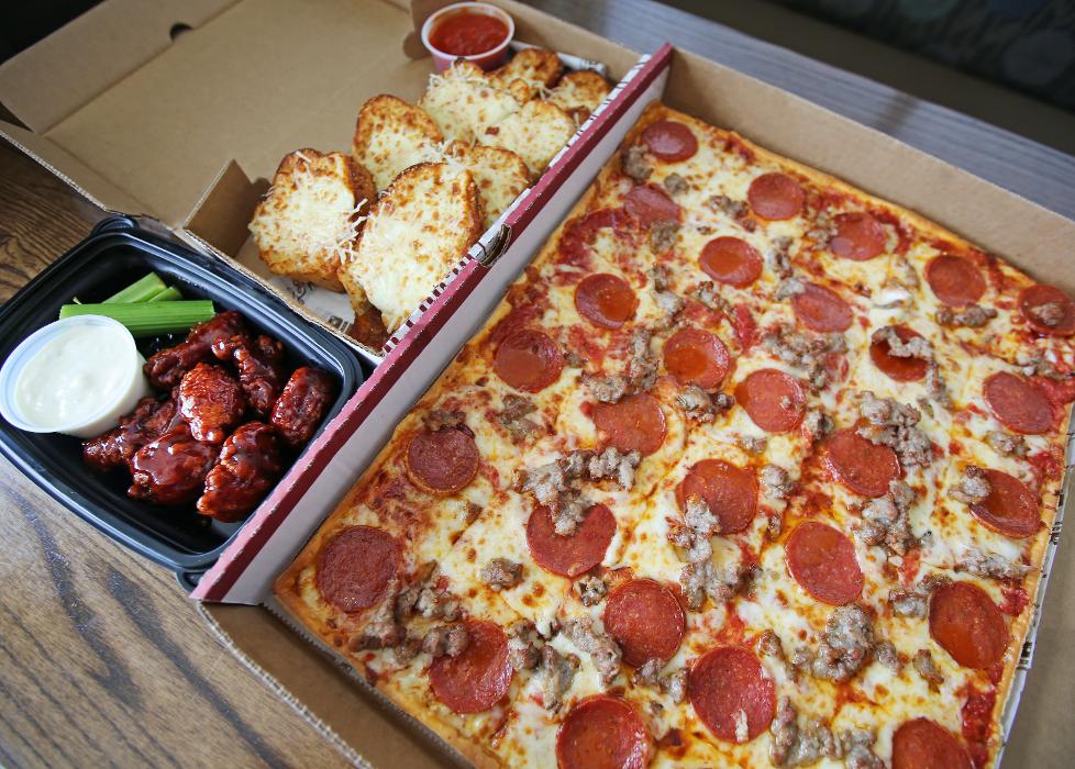 Pepperoni and Sausage Pizza, Boneless Wings and Cheesy Garlic Bread
