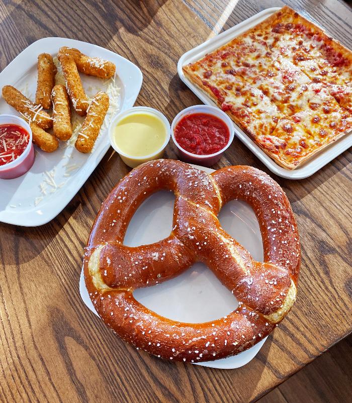 Mozzarella Sticks, Pretzel and Cheese Pizza
