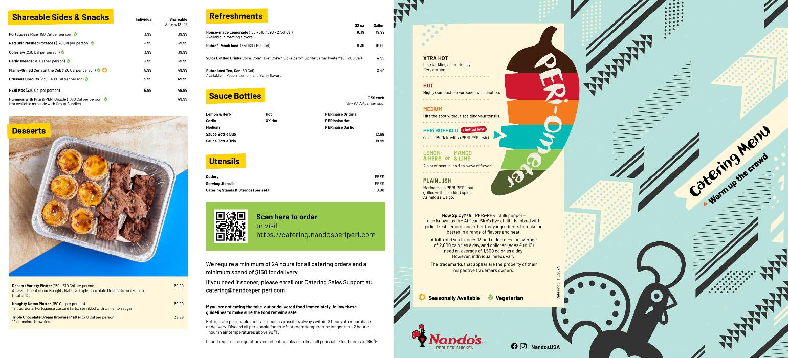 Catering made easy! Whether it’s an office lunch or a big party, our Catering menu bring the best of Nando’s restaurants to your event.