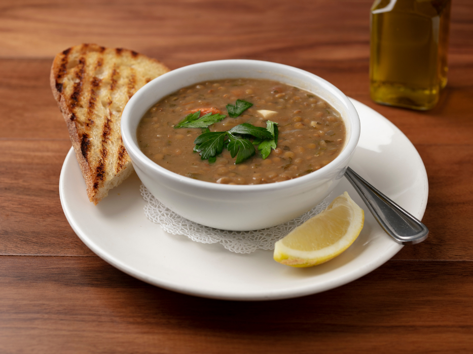 Vegan Green Lentil Soup: Organic green lentils, tomatoes, garlic, red onion, parsley, mint, crushed pepper in a vegetable broth