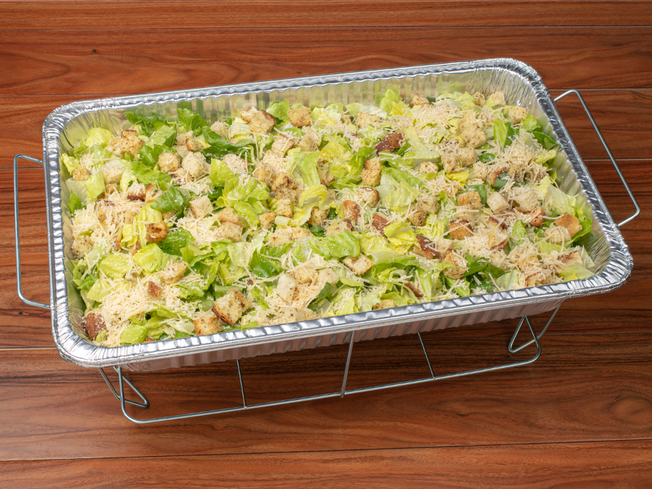 Caesar Salad Catering Tray: lettuce, croutons, parmesan cheese, and homemade Caesar dressing