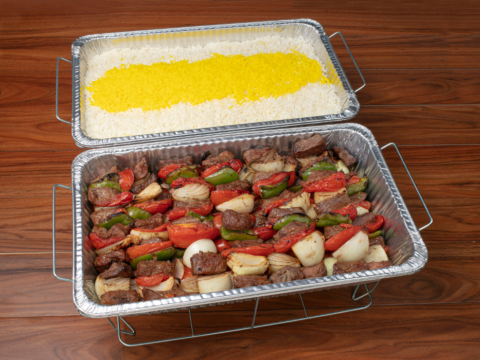 Flat Iron Steak Shish Kabob Tray: 12 skewers of flat iron shish kabobs and grilled vegetables along with choice of side