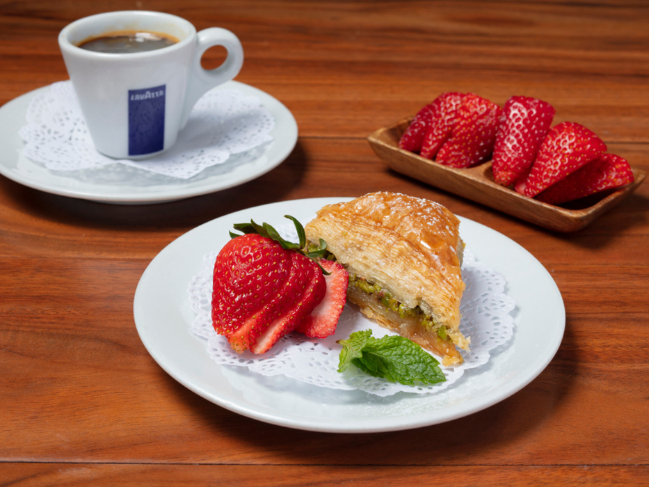 Baklava Side: Sweet, delicious baklava stuffed with chopped pistachios.