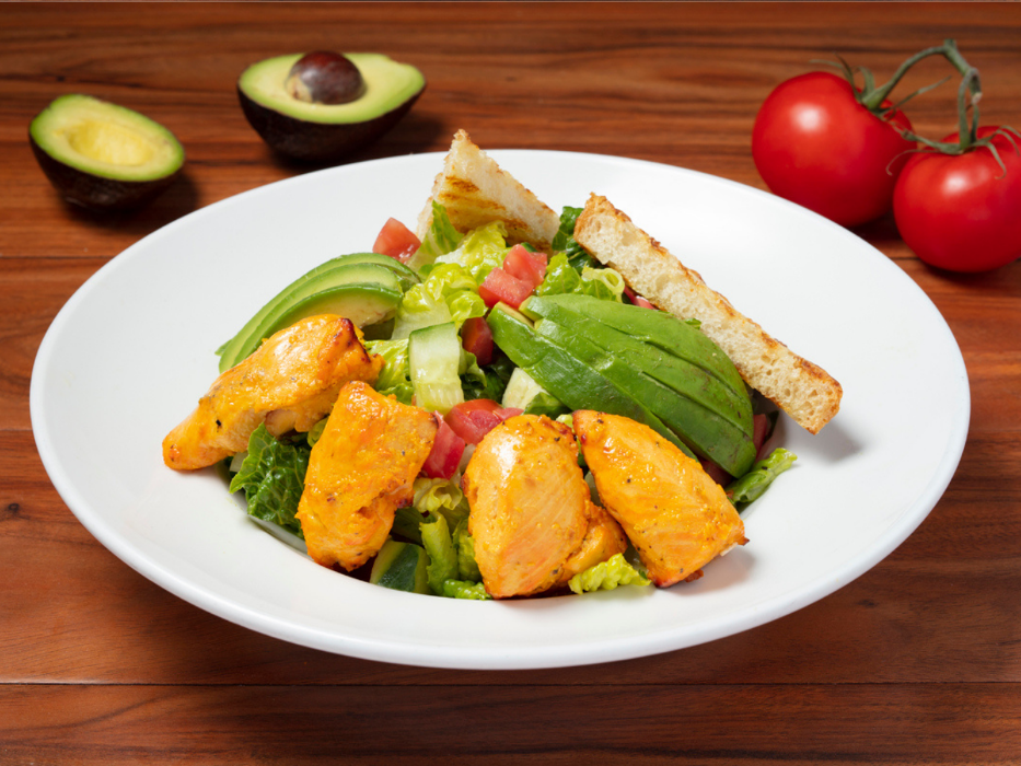 Romaine Avocado Salad: Romaine Lettuce, Avocado, Cucumber, Roma Tomatoes, Fresh Basil and Lime Vinaigrette