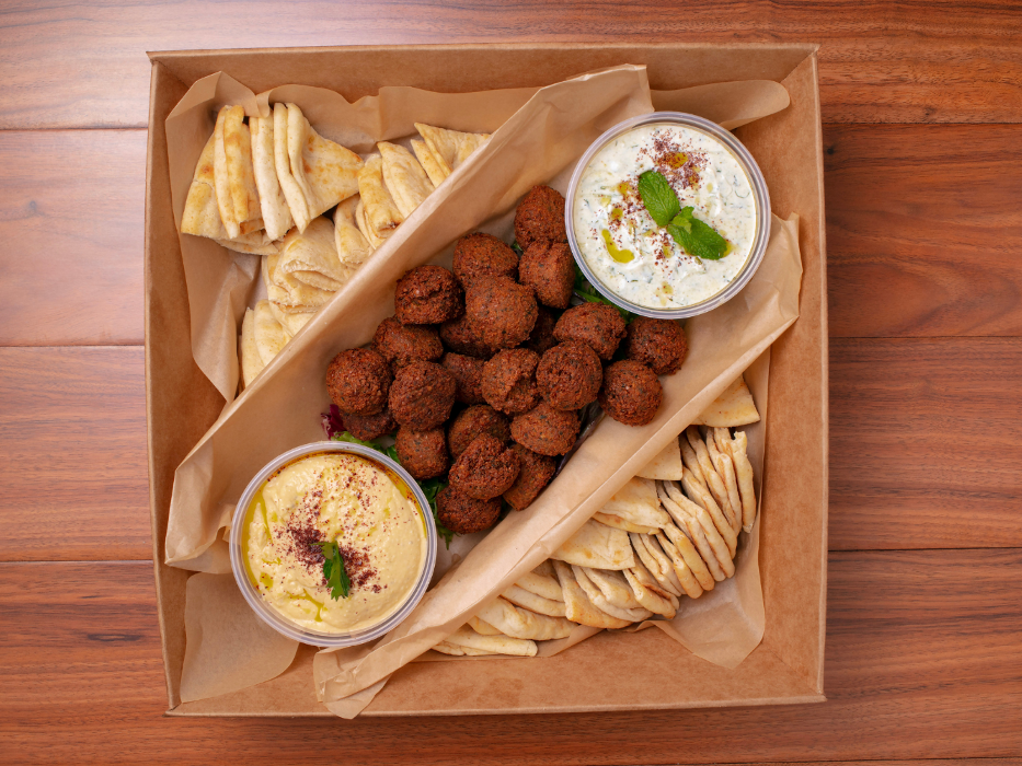 Falafel Combo Catering Tray: 25 falafels along with sixteen ounce containers of tzatziki and garbanzo hummus