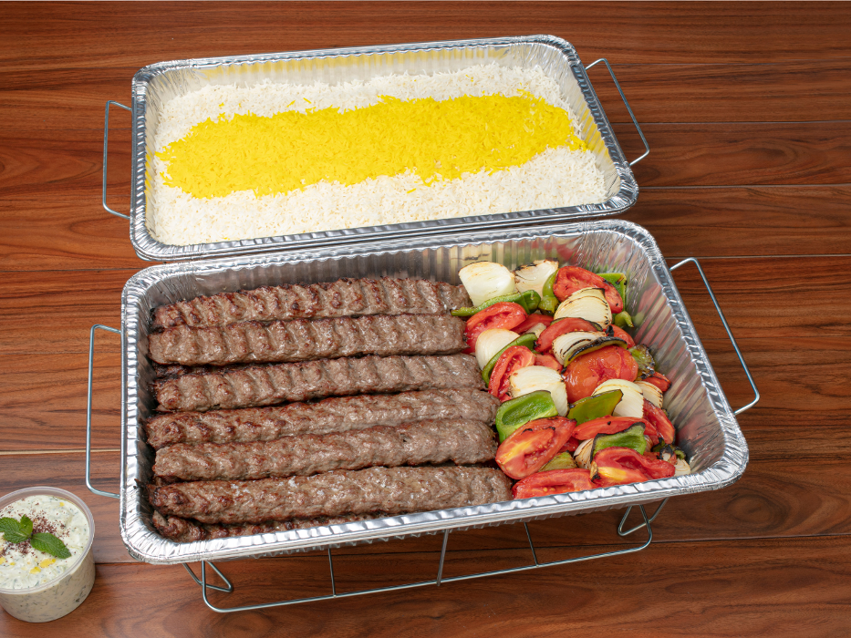 Beef Koobideh Kabob Catering Tray: 20 skewers of koobideh kabobs and grilled vegetables along with choice of side