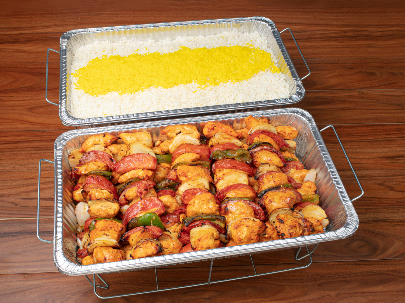 ABF Chicken Shish Kabob Tray: 12 skewers of ABF chicken shish kabobs and grilled vegetables along with choice of side