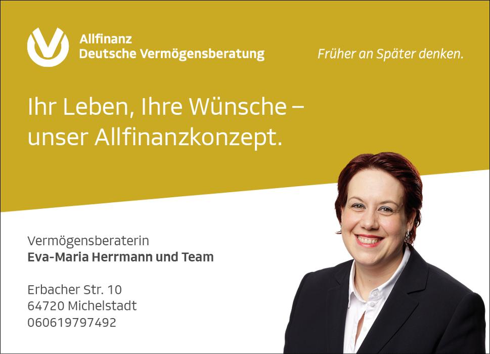Bild zu Eva - Maria Herrmann Geschäftsstelle für Allfinanz Deutsche Vermögensberatung in Michelstadt Bild zu Eva - Maria Herrmann Geschäftsstelle für Allfinanz Deutsche Vermögensberatung in Michelstadt