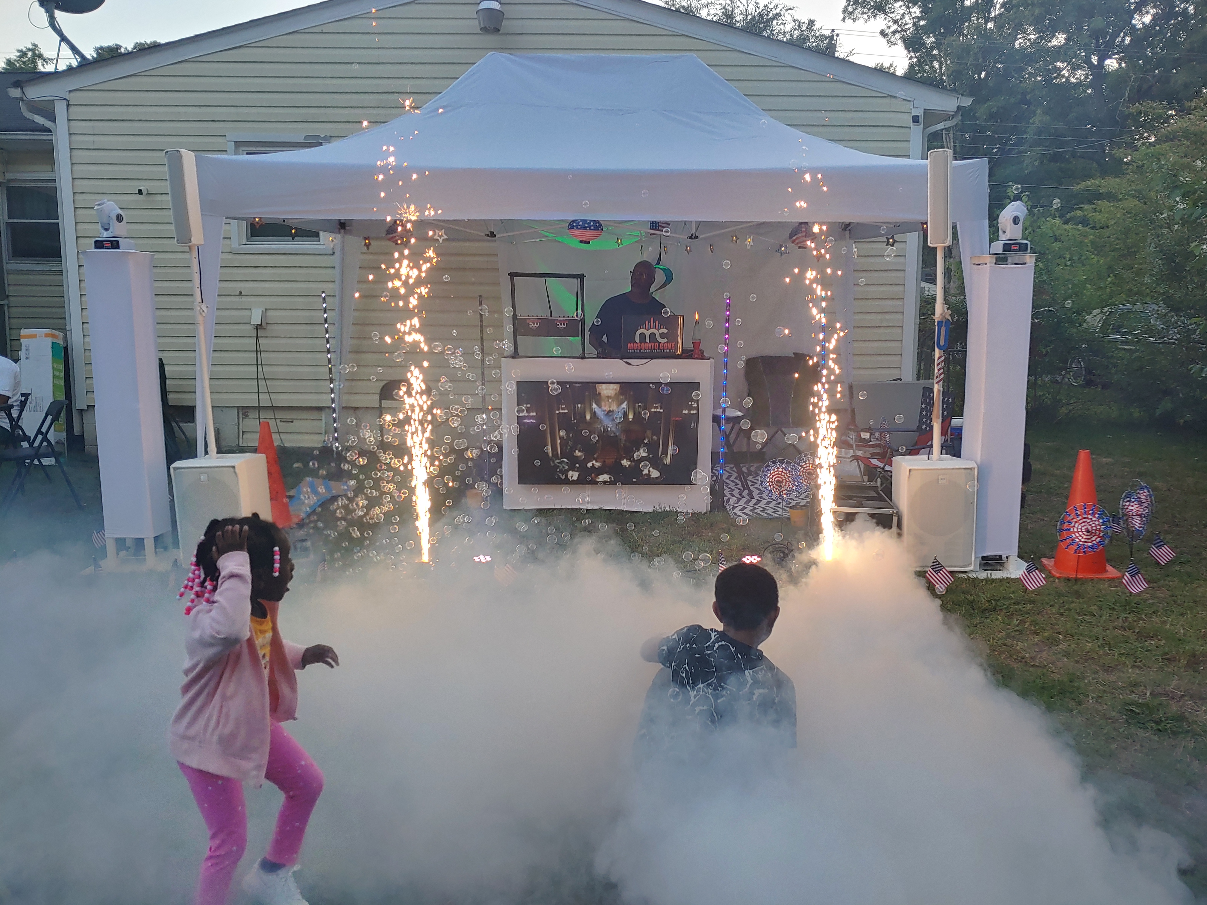 All White Speakers and Totems with Cold Spark Fireworks, Bubbles and Fog ...