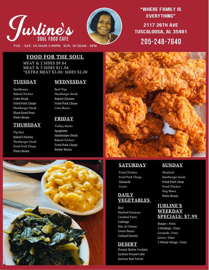 Jurline's Soul Food Cafe, 2117 26th Ave, Tuscaloosa, AL, Eating places
