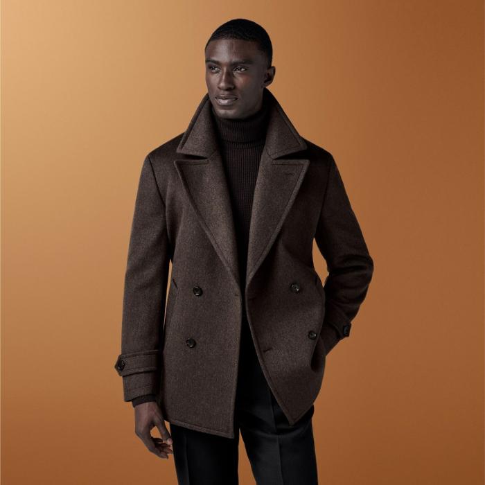 Dark brown heavyweight wool-cashmere blend with a soft, brushed texture. The dense weave ensures durability and warmth, offering a rich, timeless look with understated elegance.