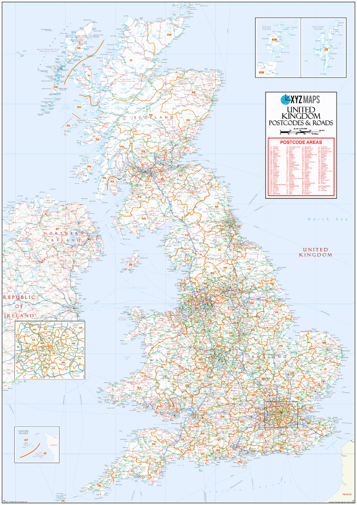 UK Postcode Area Map with Roads
