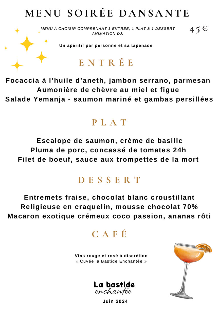 Menu soirée danantes Juin 2024