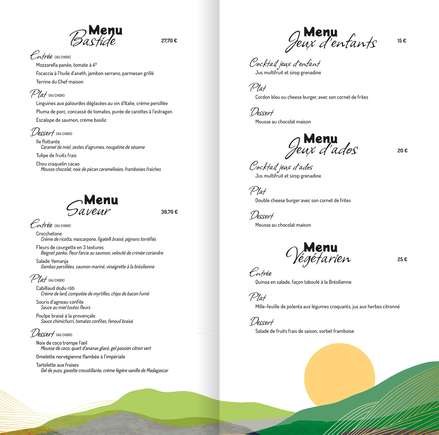 Menus du restaurant la Bastide Enchantée à Sollies Tloucas, Var