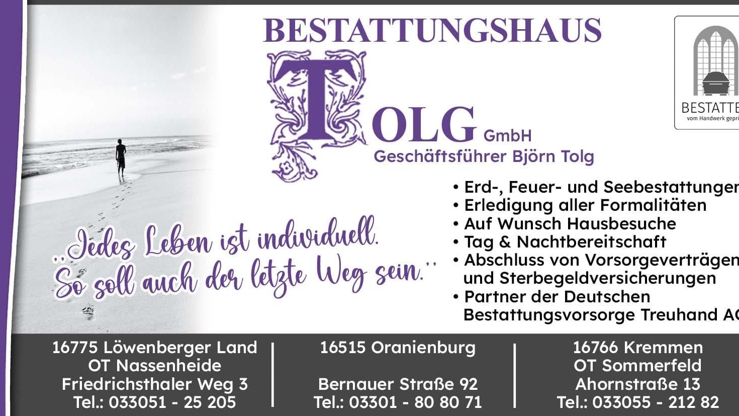 Bestattungshaus Tolg GmbH, Geschäftsführer Björn Tolg, Ahornstraße in Kremmen