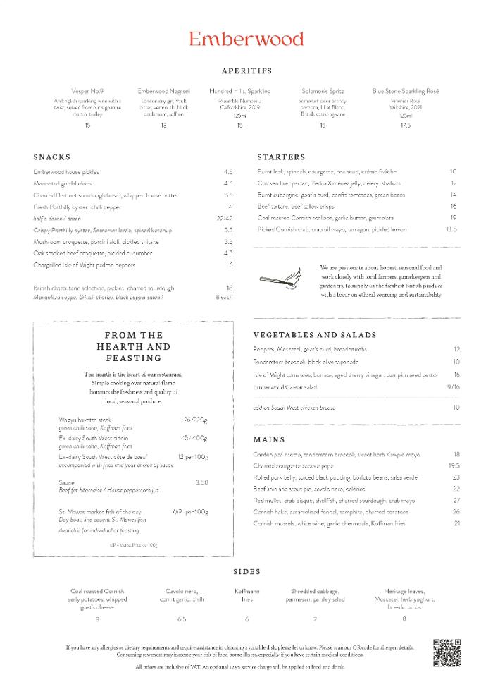 Emberwood A La Carte Menu
