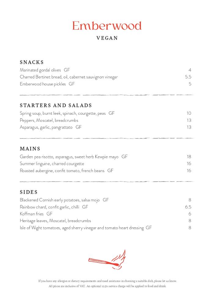 Emberwood Vegan Menu