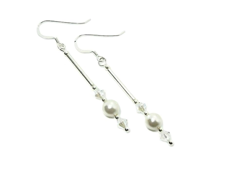 unique design handmade wedding earrings with white pearls, sparkly crystals & sterling silver tubes